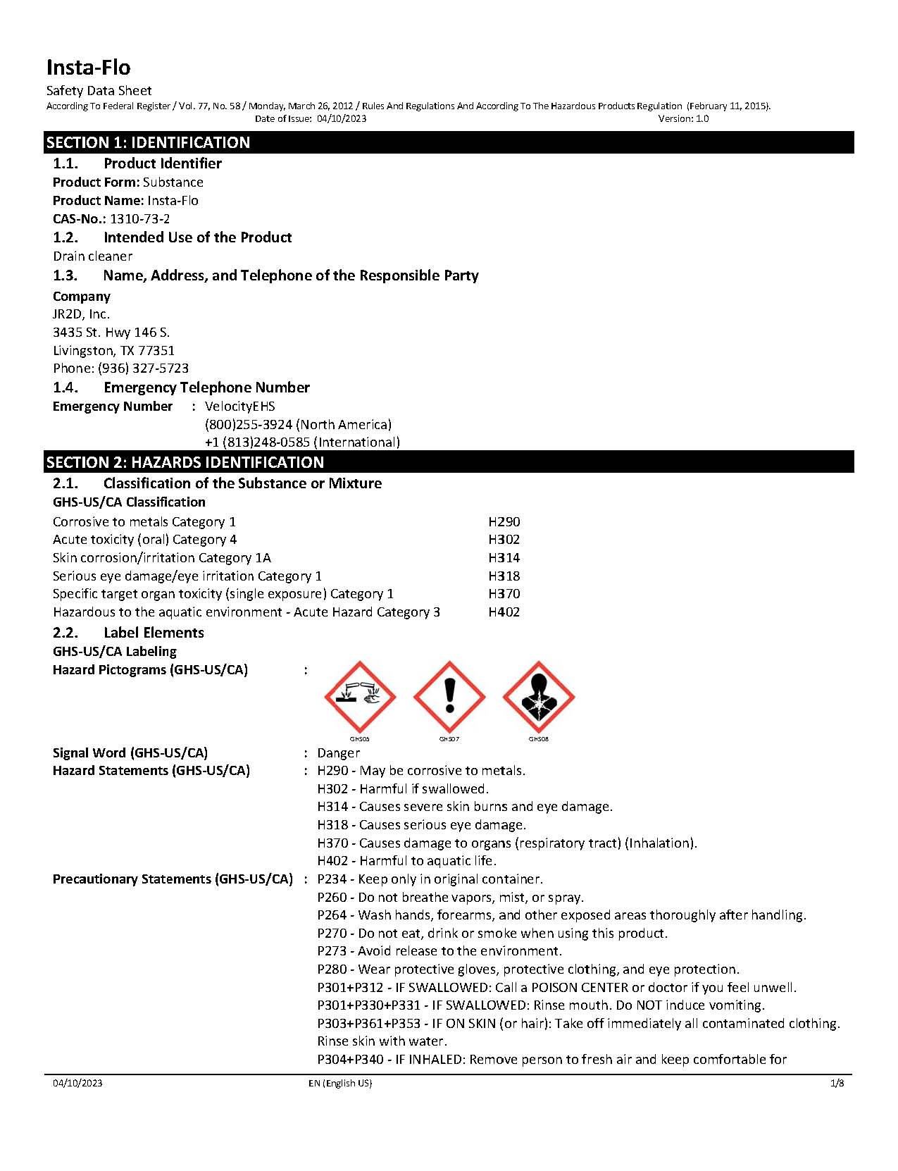 MSDS, Insta-Flo
