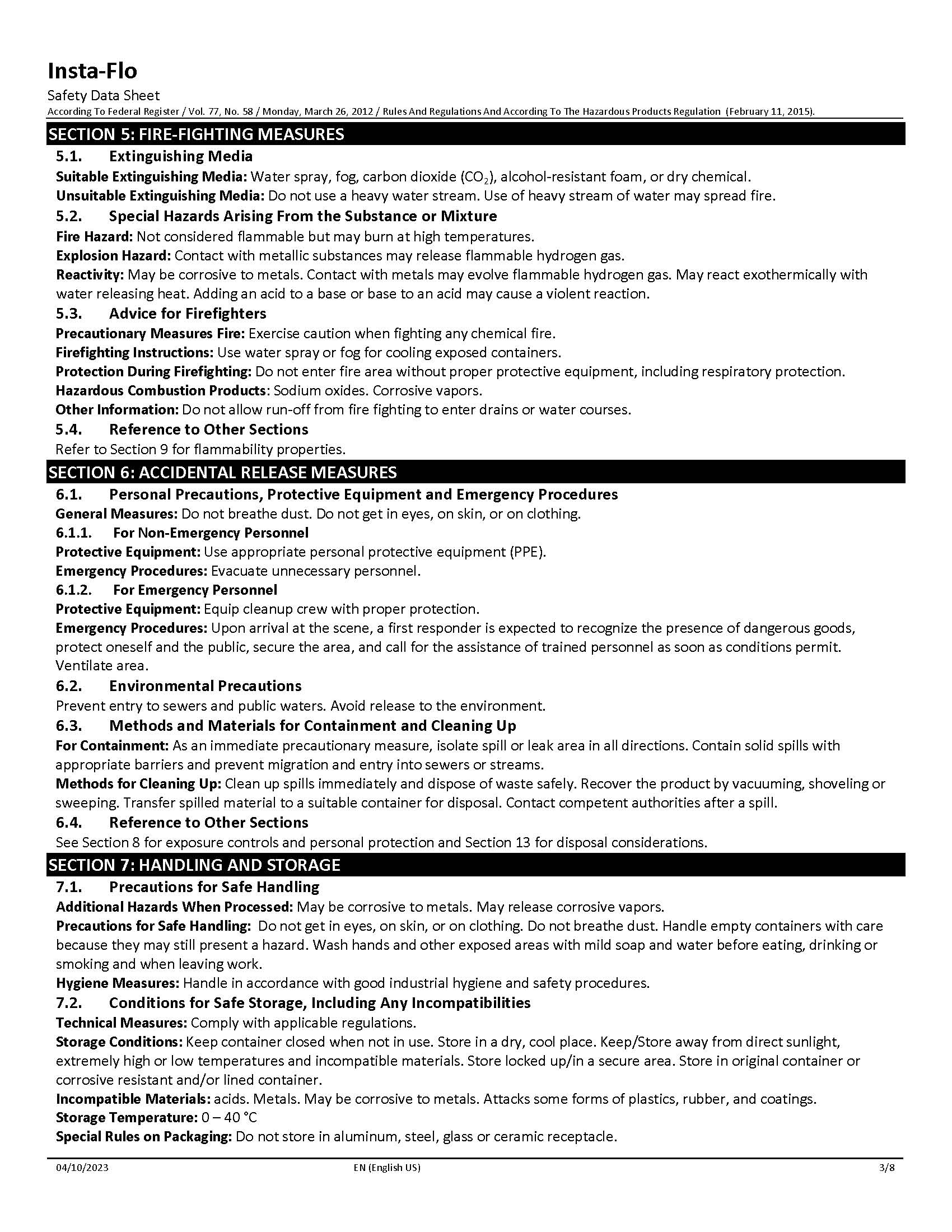 MSDS, Insta-Flo