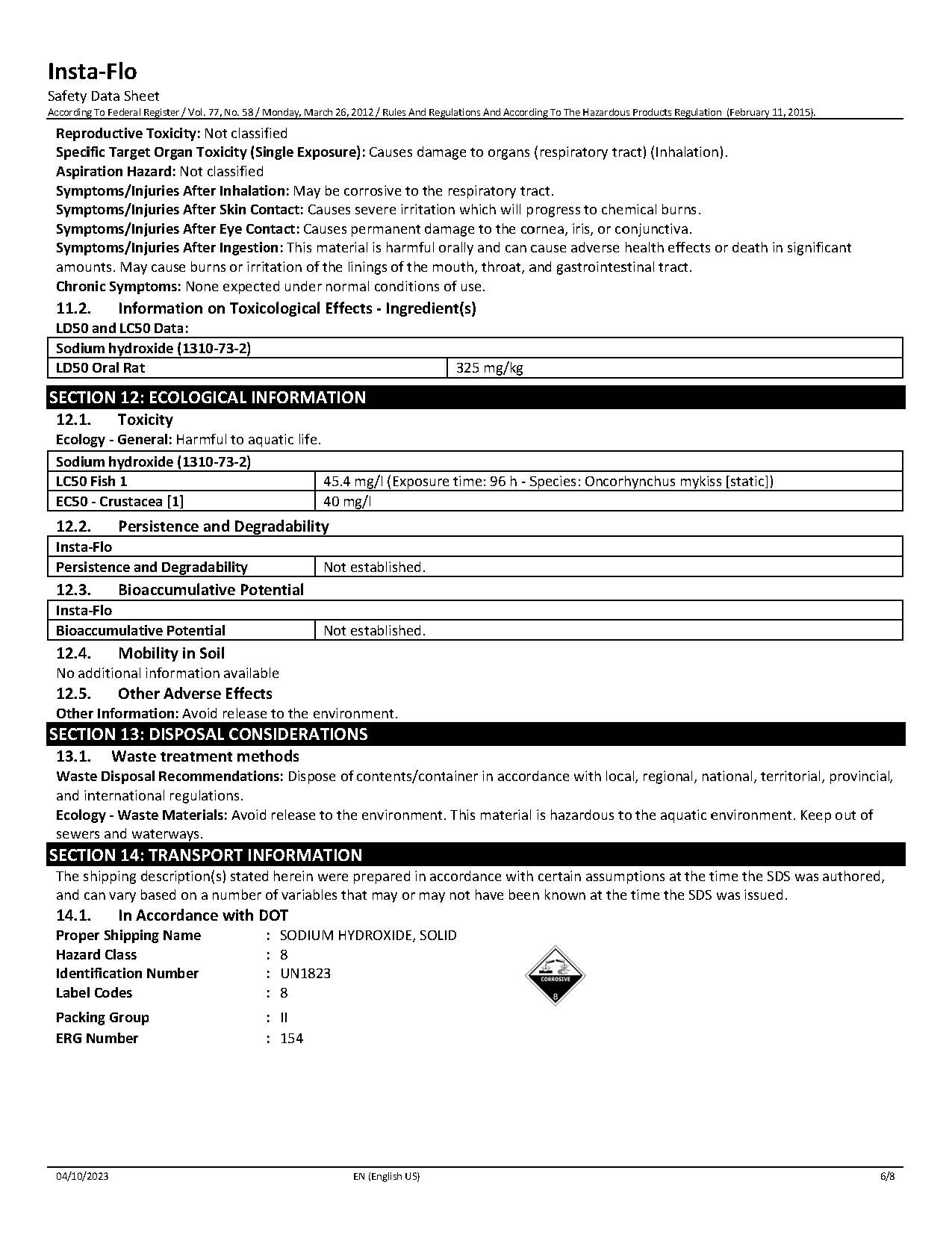 MSDS, Insta-Flo