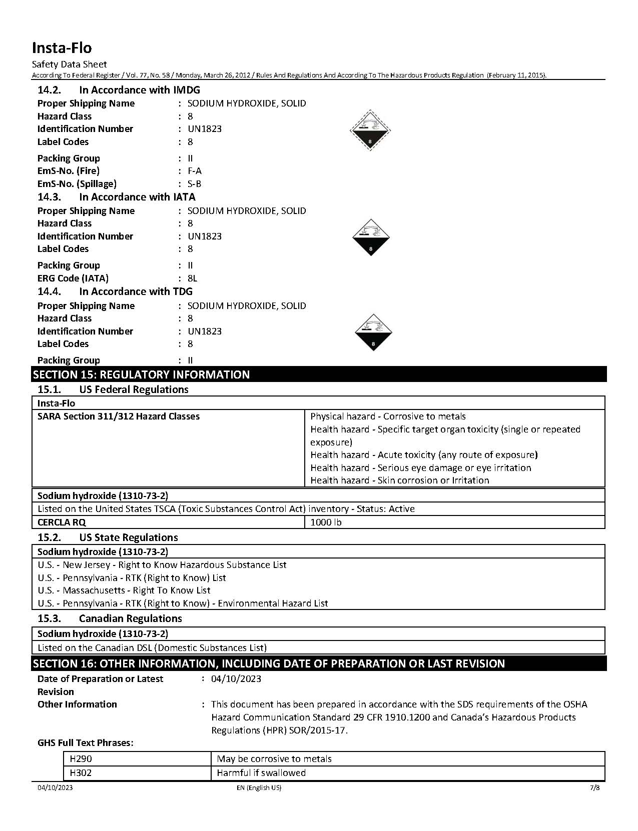 MSDS, Insta-Flo