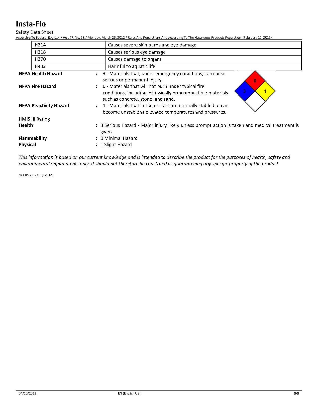 MSDS, Insta-Flo
